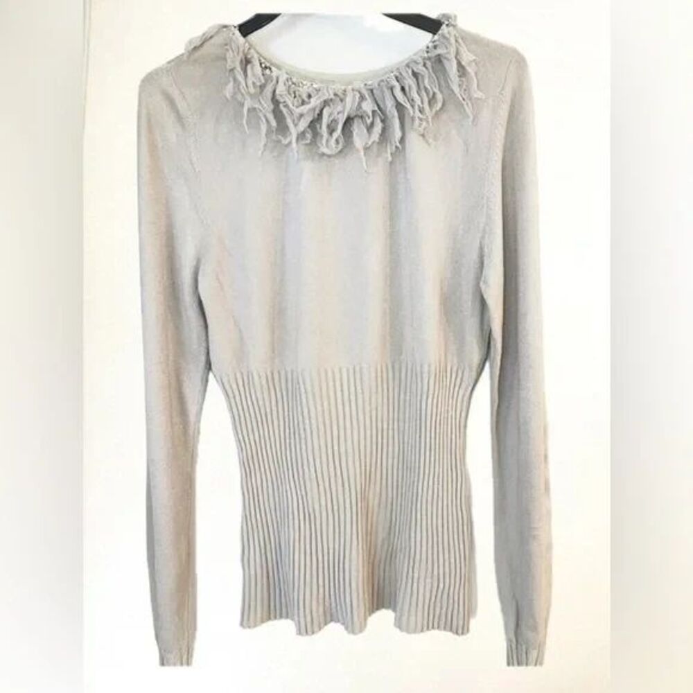 Light gray fit top with silver round beaded neck sweater